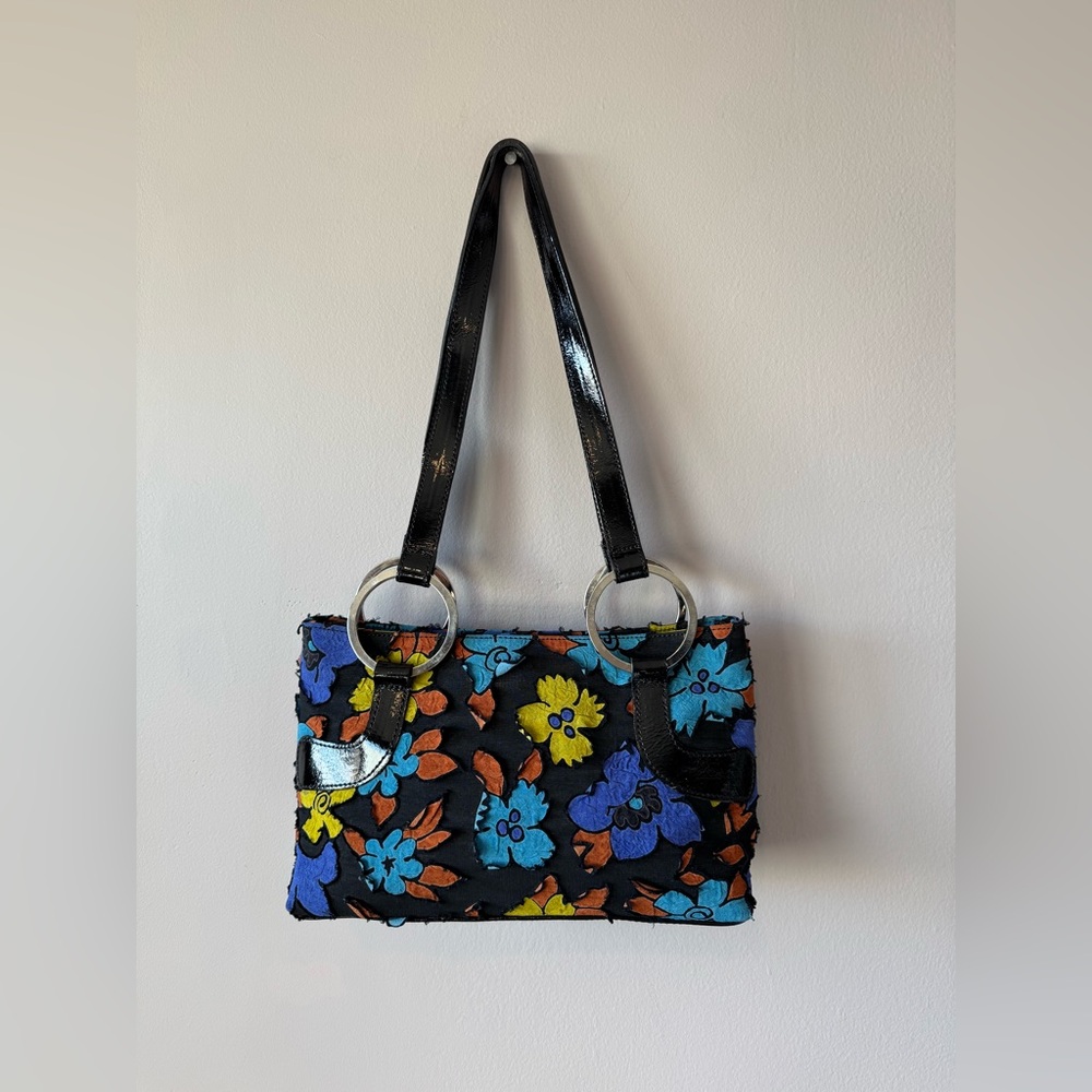 Ripani Women’s Vintage Patent Leather and‎ Floral Canvas Demi Shoulder Bag